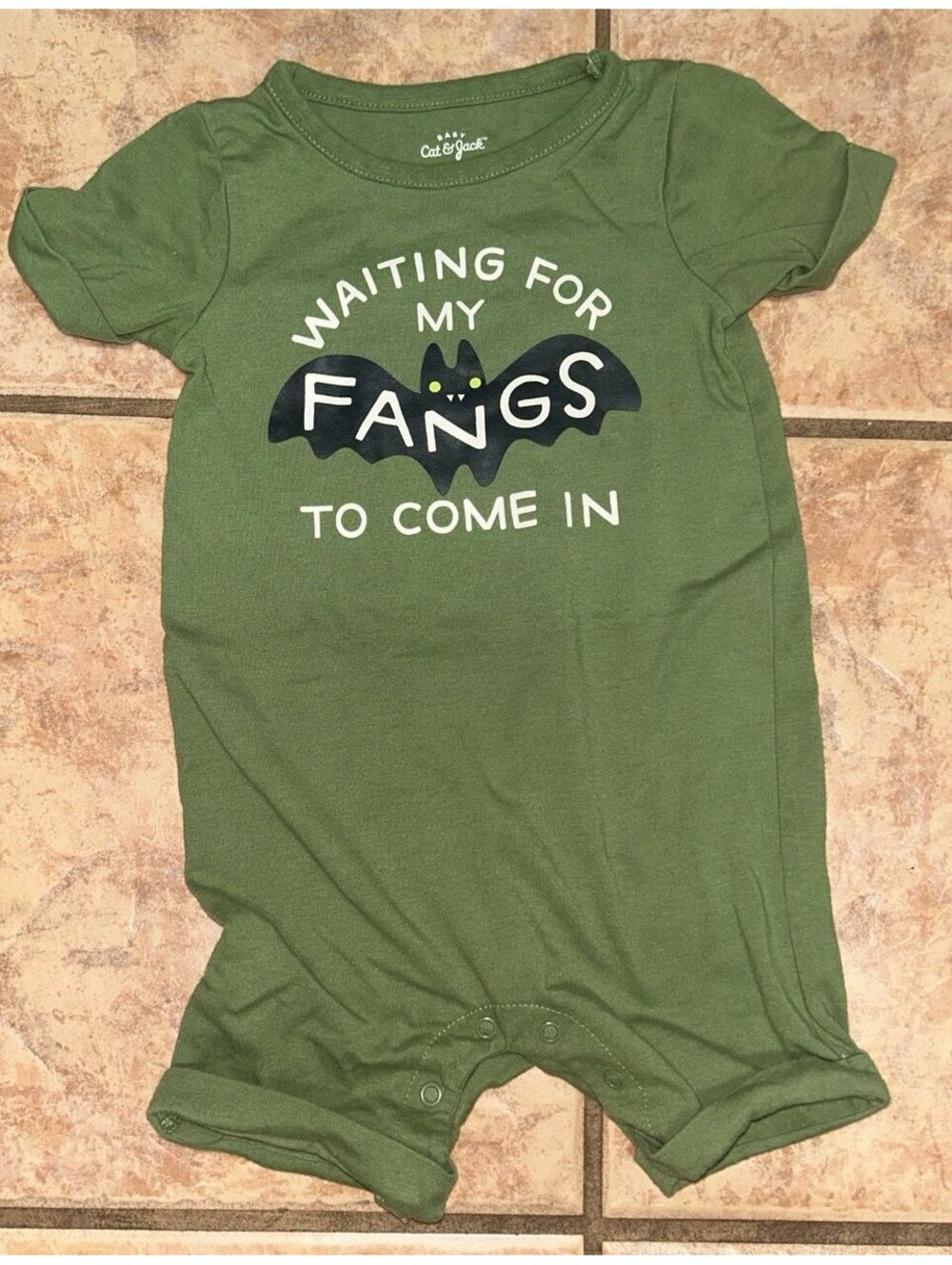 Cat & Jack Baby Halloween Bat Romper 12M “Waiting for My Fangs to Come In” Green